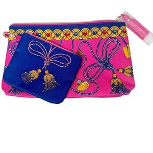 ESTEE LAUDER Set of 2 Cosmetic Makeup Bags Navy Pink Tassel Print